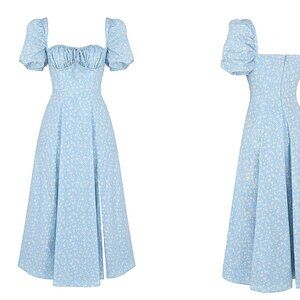 House of CB Tallulah Blue Ivory Floral Puff Sleeve Midi Dress